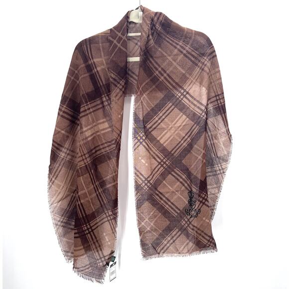 Vintage Lauren Ralph Lauren Brown Plaid Wool Scarf Rhinestone Crest - Picture 1 of 8